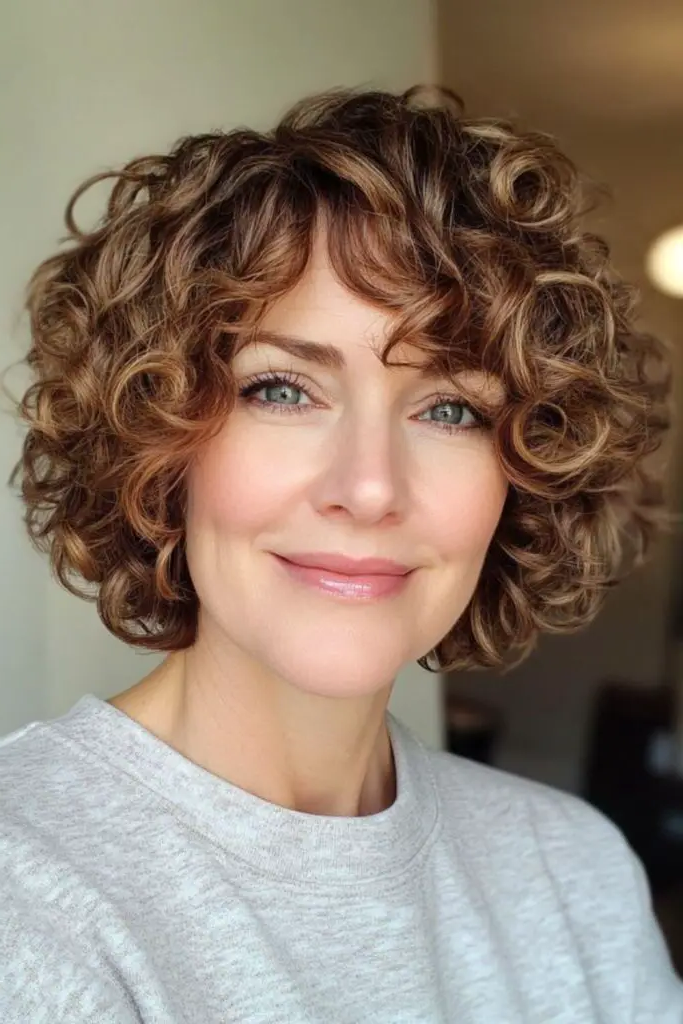 28 Best Feathered Layered Hairstyles 24 22. Feathered Layered Bob with Curls: Curly Elegance