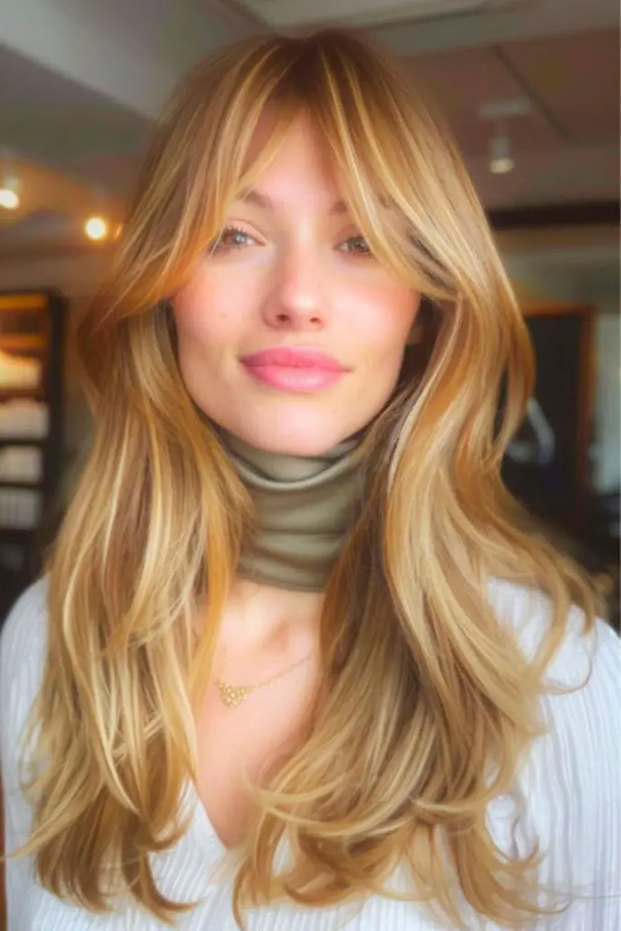 29 Long Layers with Curtain Bangs 23 22. Golden Drift Layers