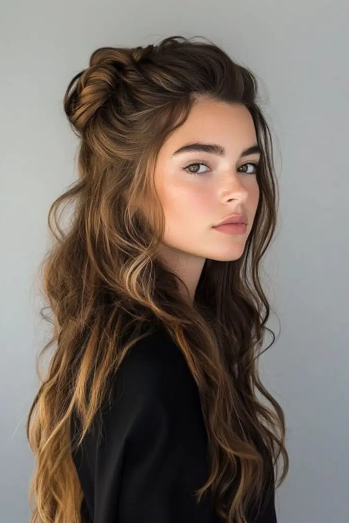 29 Cute Latina Hairstyles Long 25 23. Twisted Half-Up Bun