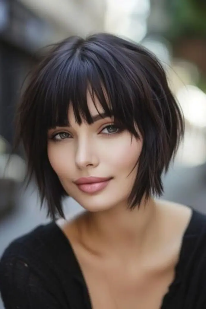 29 Gorgeous Bob Hairstyles with Bangs 26 24. Feathered Midnight Bob