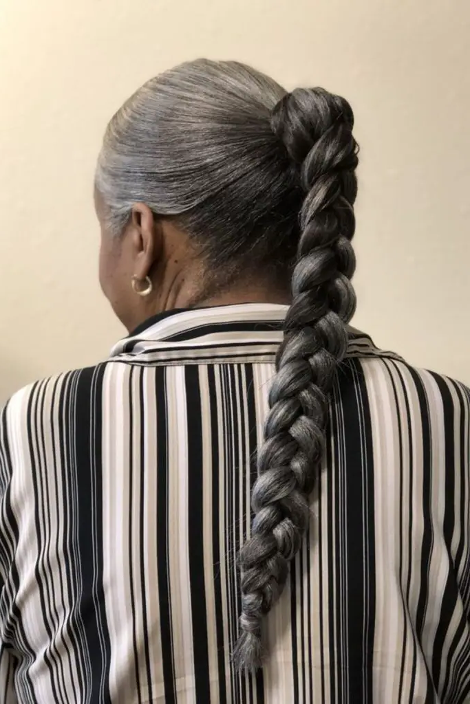 24. Silver Streaked High Ponytail Braid: Sassy and Playful