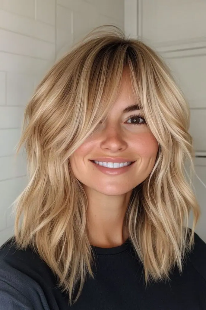 27 Super-Cute Blonde Medium Length Hair Ideas 26 24. Wistful Wheat Blonde Shag