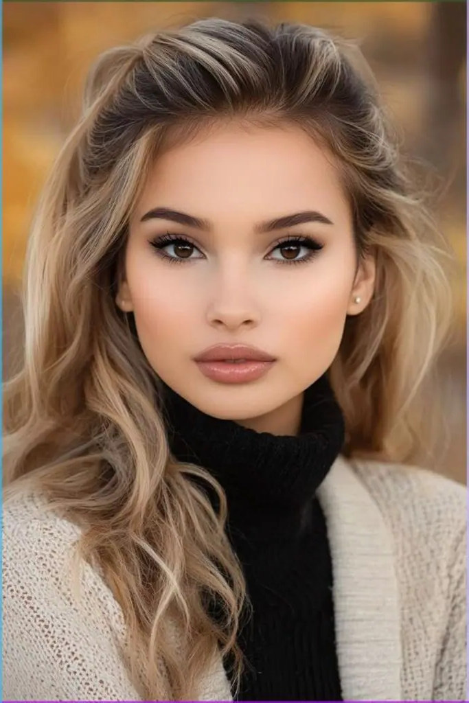 27 Stunning Turtle Neck Hairstyles 26 24. Zig-Zag Part with Loose Waves and Knits