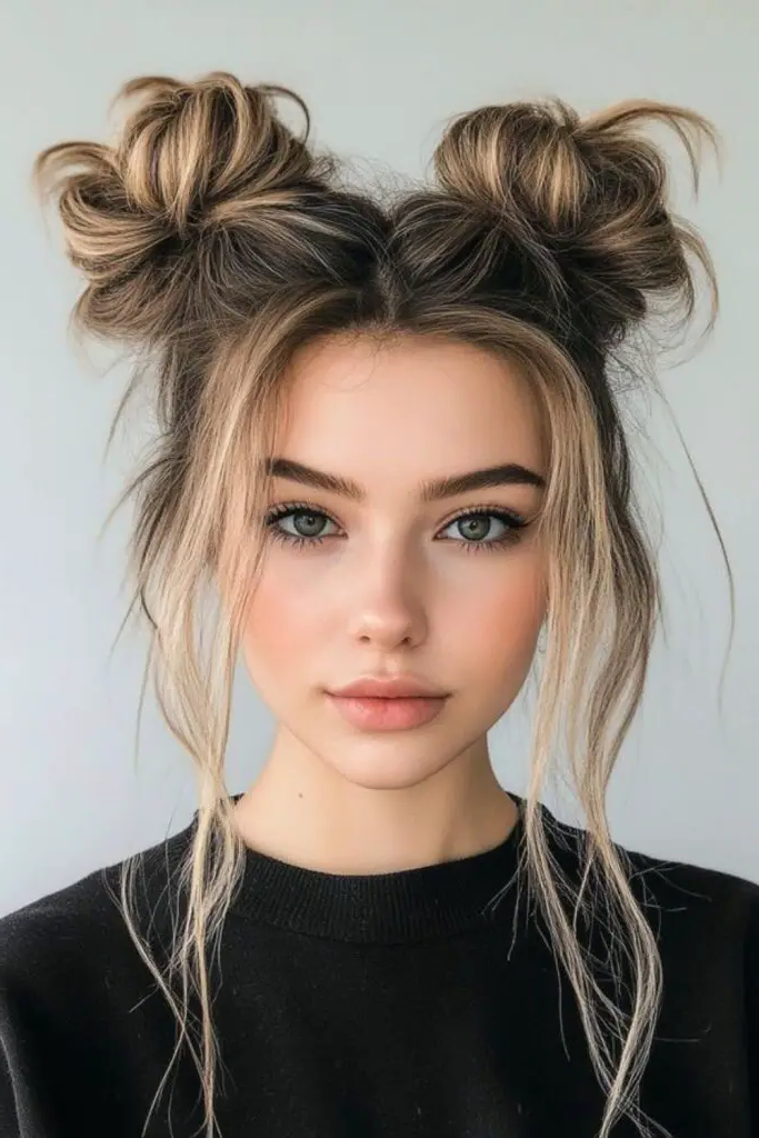 29 Top Spring Hairstyles for 2025 27 25.Fluffy Space Buns
