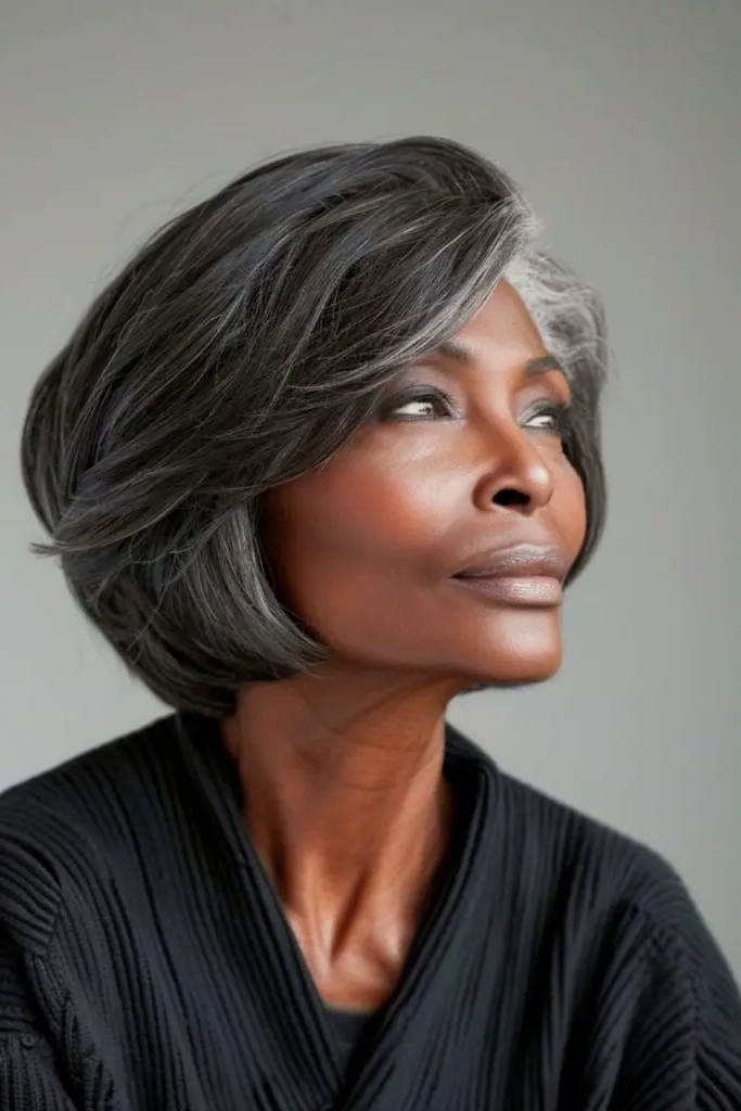 25.Side-Swept Gray Hair with Soft Layers: Romantic and Feminine