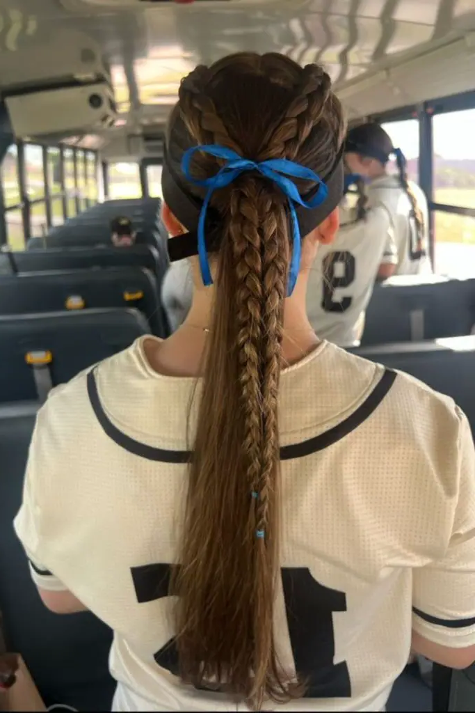28 Elegant Softball Hairstyles 26 25. Braided Pony with Ribbon Accents