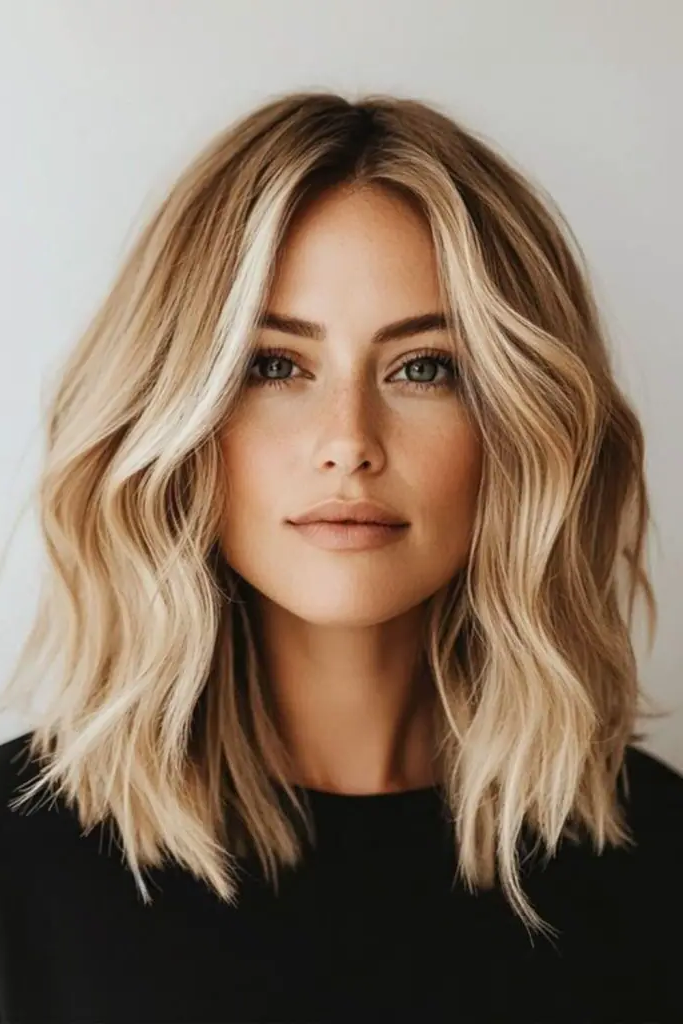 27 Super-Cute Blonde Medium Length Hair Ideas 27 25. Champagne-Kissed Modern Lob