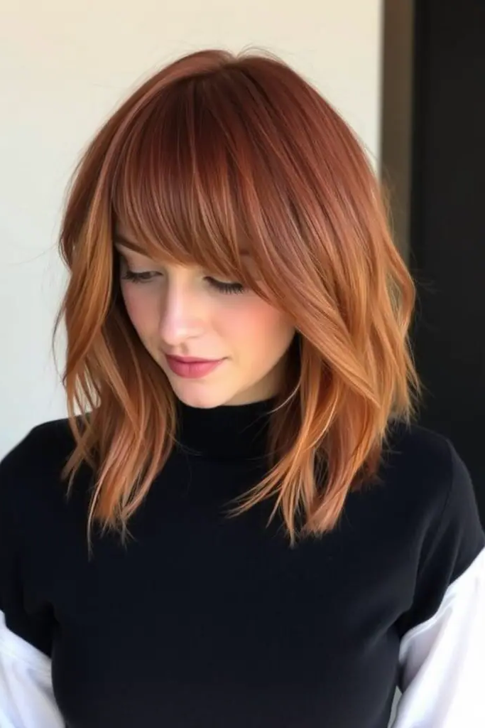 27 Best Lob Haircut with Bangs 26 25. Fiery Copper Cascade