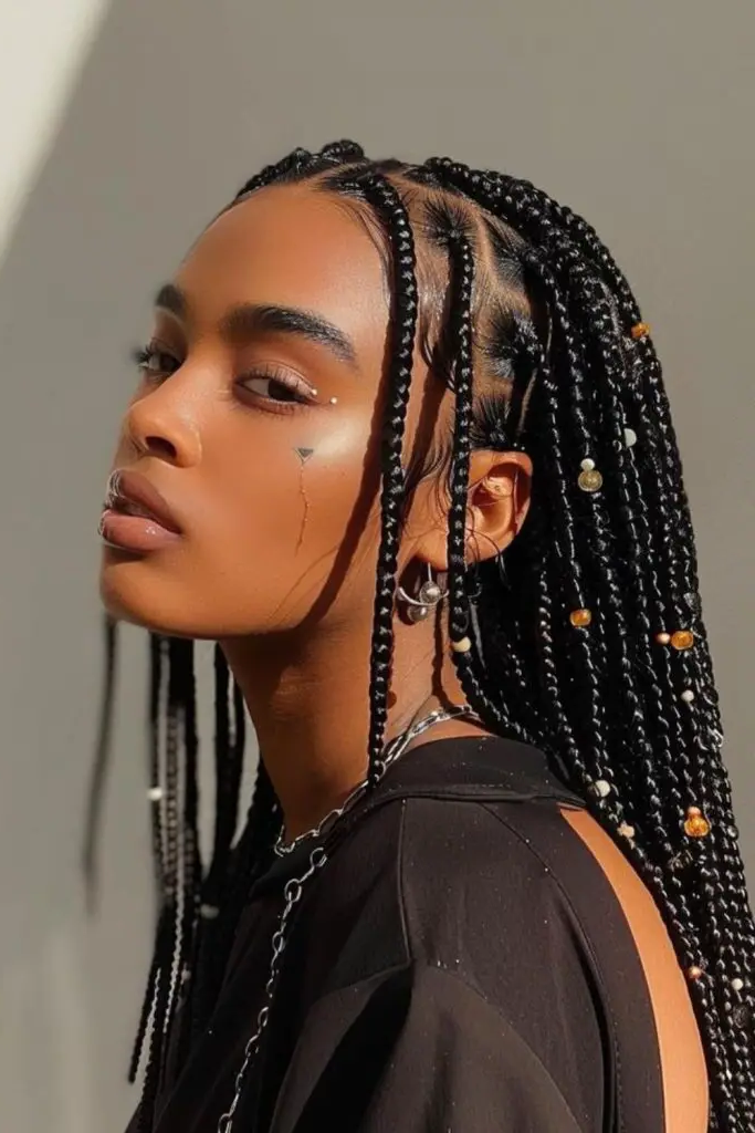 29 Gorgeous Micro Braids Hairstyles 27 25. Waterfall Micro Braids With Pearls