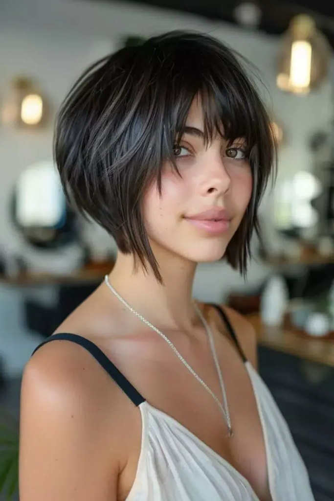 29 Gorgeous Bob Hairstyles with Bangs 28 26. Angled Drama Bob