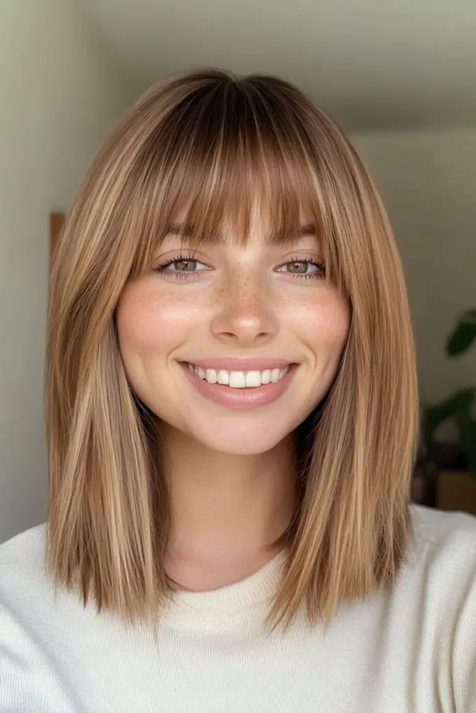 27 Best Lob Haircut with Bangs 28 27. Subtle Caramel Dimension