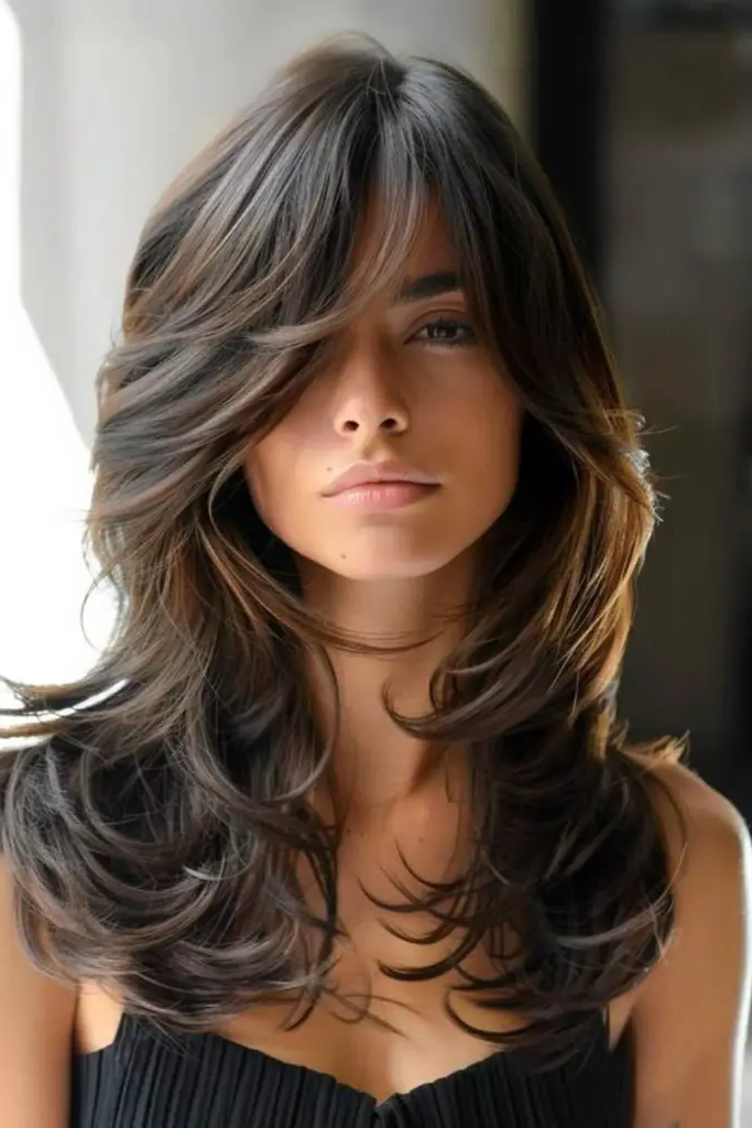 29 Long Layers with Curtain Bangs 28 27. Whispered Moonlight Layers