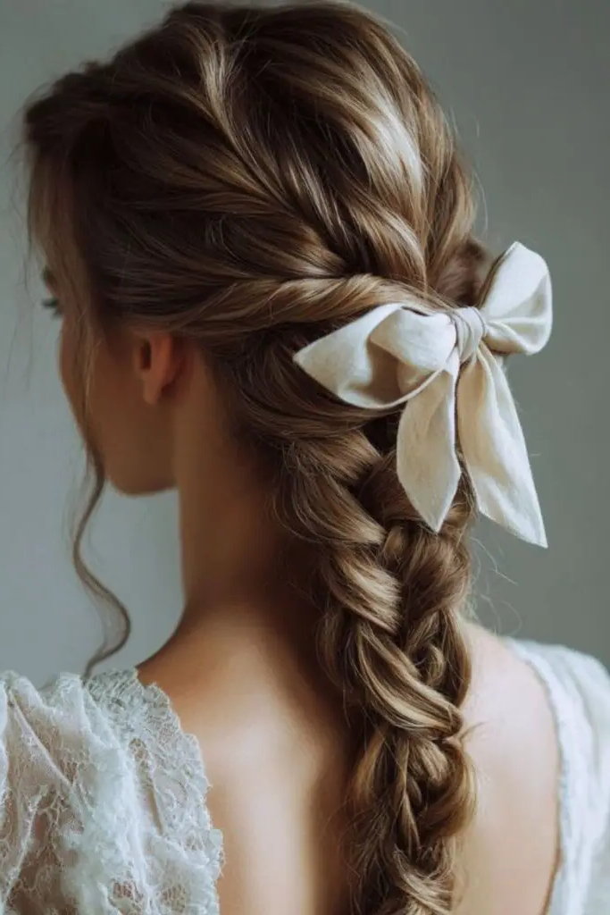 28 Cute Hairstyles with a Bow 5 3. Bow-Tied Braided Crown