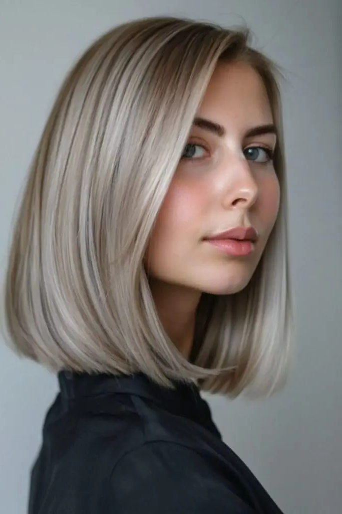 27 Super-Cute Blonde Medium Length Hair Ideas 5 3. Chic Straight-Laced Elegance
