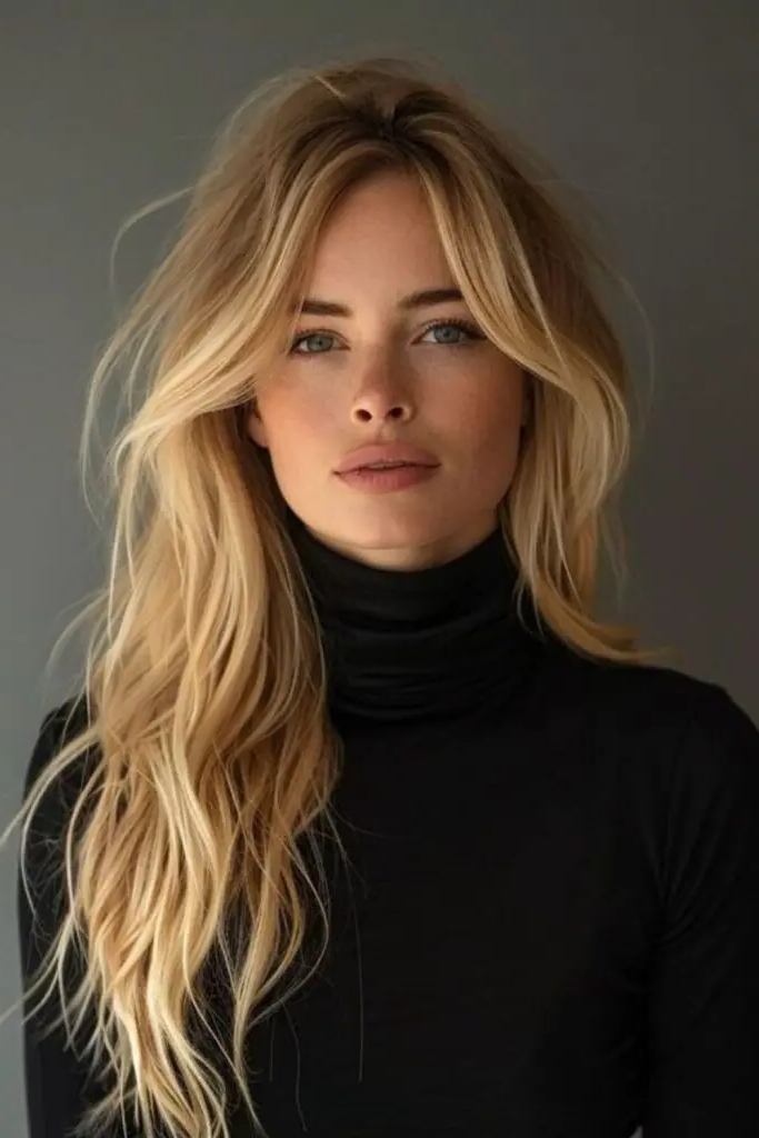 27 Stunning Turtle Neck Hairstyles 5 3. Loose Waves Paired with a High Turtleneck