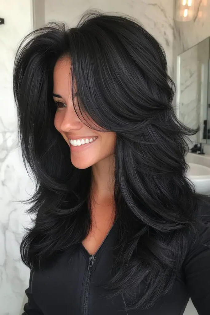 27 Long Layered Haircuts with Face Framing 5 3. Midnight Waterfall