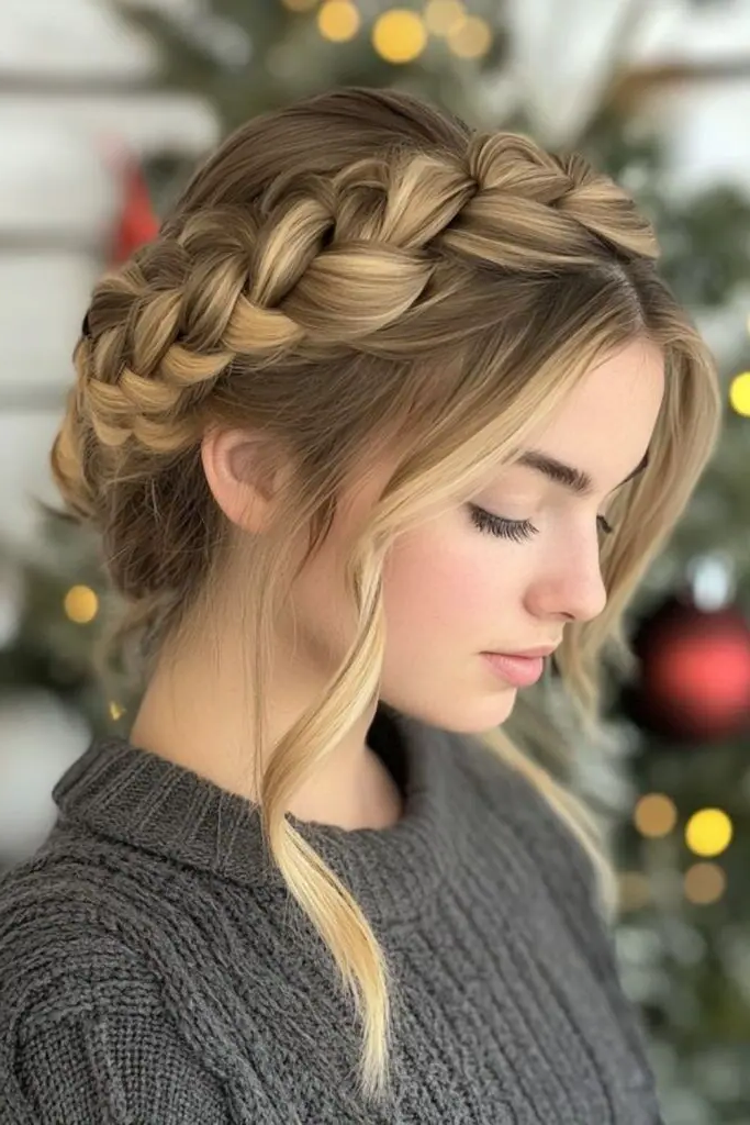 27 Best Winter Hair Braid Ideas 5 3. Snow-Kissed Halo Twist