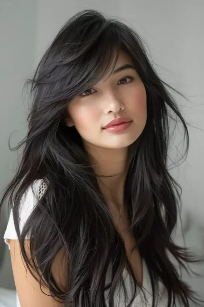 29 Long Layers with Curtain Bangs 5 3. Twilight Shadow Layers