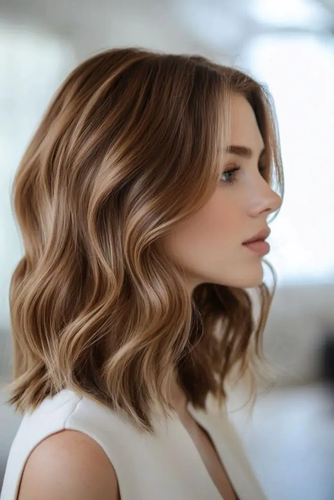 27 Super-Cute Blonde Medium Length Hair Ideas 6 4. Caramel-Dipped Lob