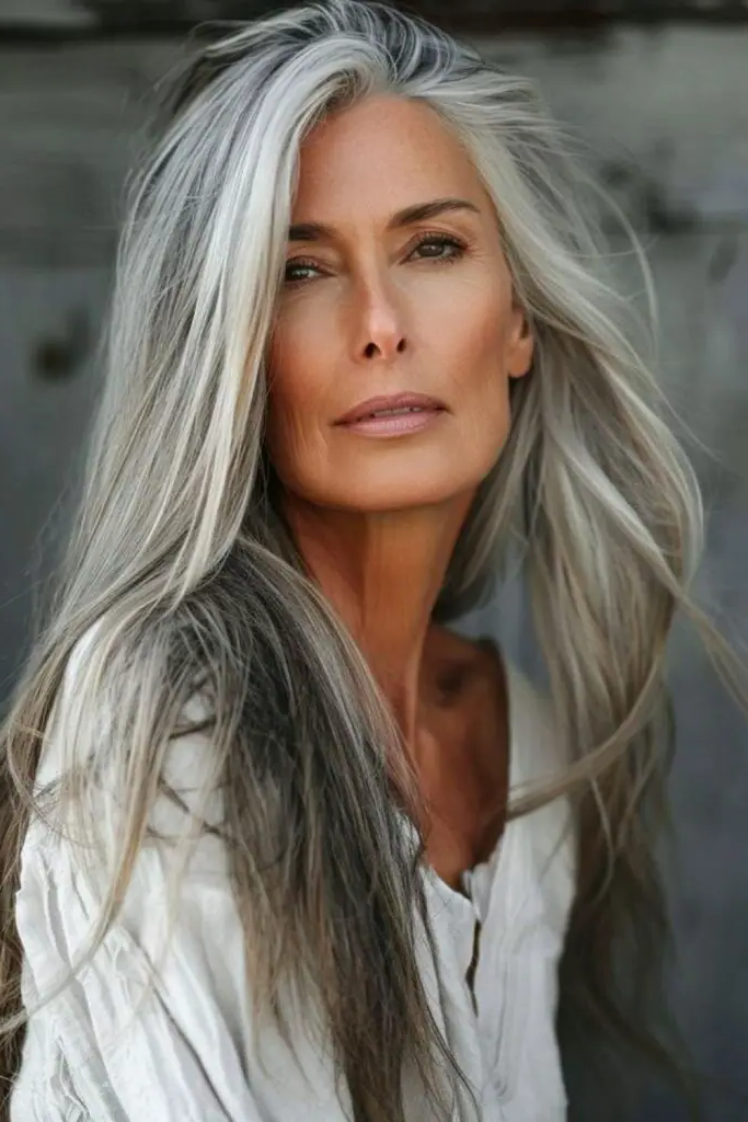 4. Long Gray Layers with Side Part: Classic Graceful Touch