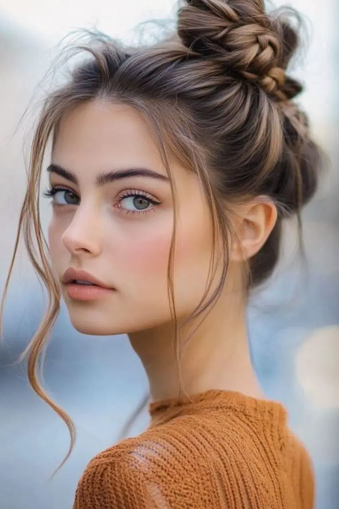 28 Elegant Softball Hairstyles 6 4. Messy Bun with Braided Accents