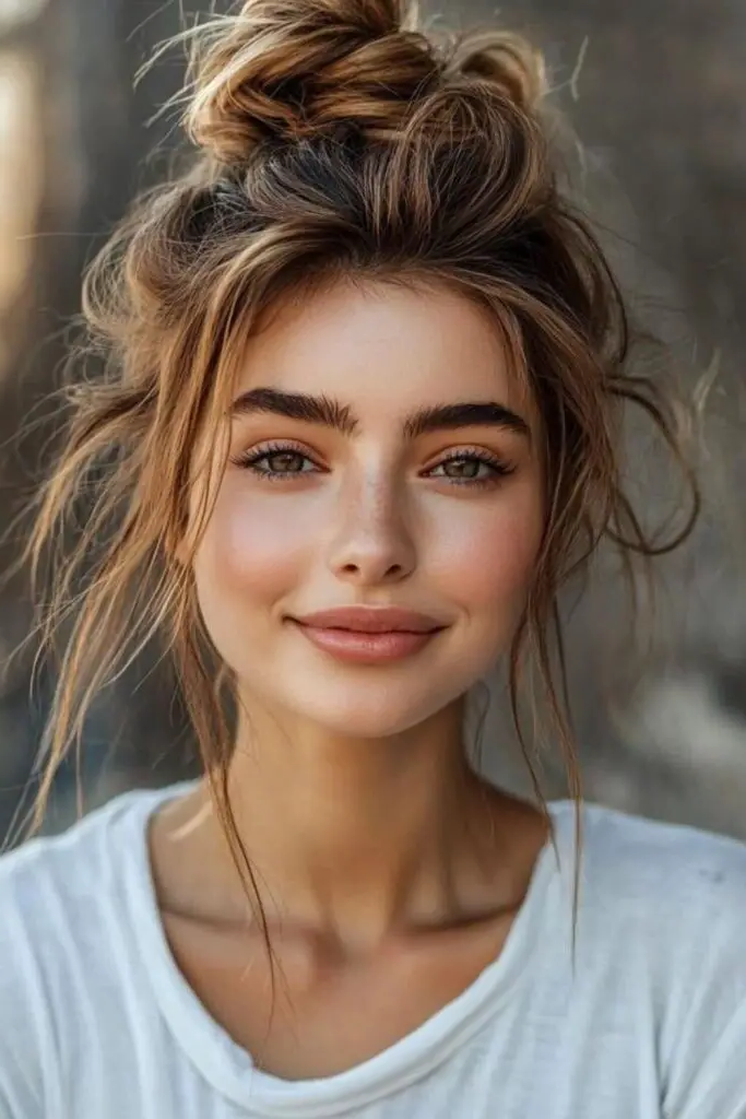 27 Easy Latina Hairstyles 6 4. Messy Bun with Face-Framing Layers