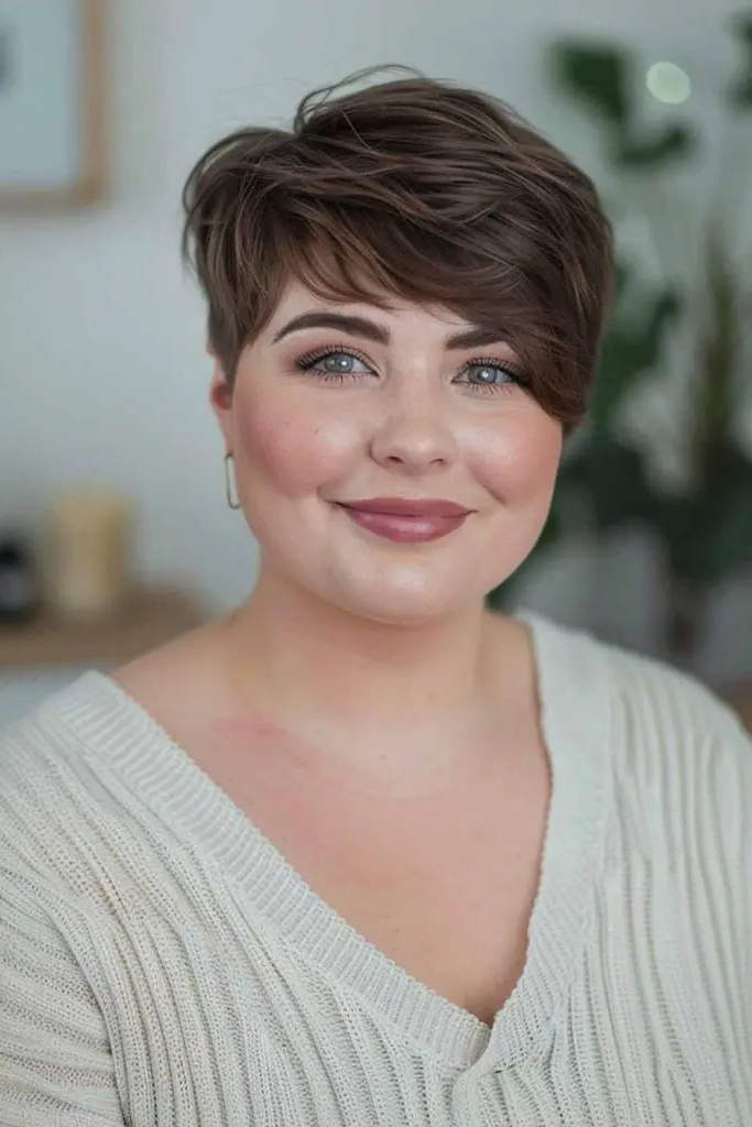 27 Gorgeous Haircuts for Round Chubby Faces 6 4. Pixie Cut with Side-Swept Bangs