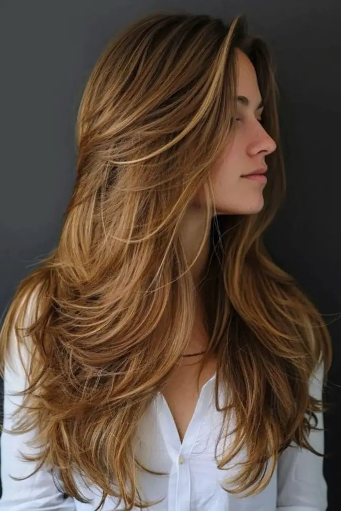 29 Wavy Layered Haircuts 8 6. Gilded Cascade Flicks