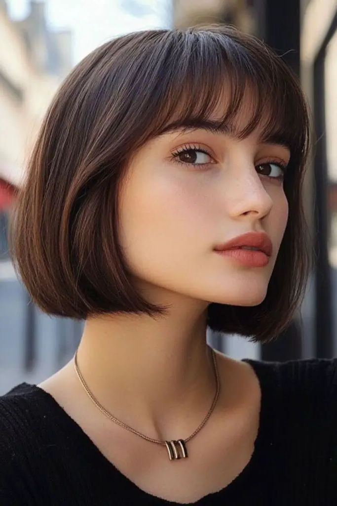 29 Gorgeous Bob Hairstyles with Bangs 8 6. Sleek Glass-Finish Bob