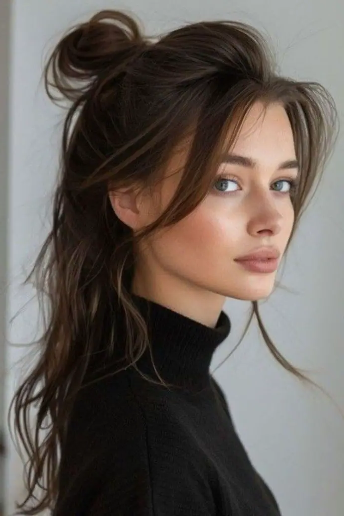 27 Stunning Turtle Neck Hairstyles 8 6. Twisted Half-Updo with Layered Knits