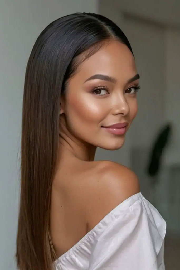 29 Cute Slick Hairstyles 8 6. Ultra-Gloss Middle Part