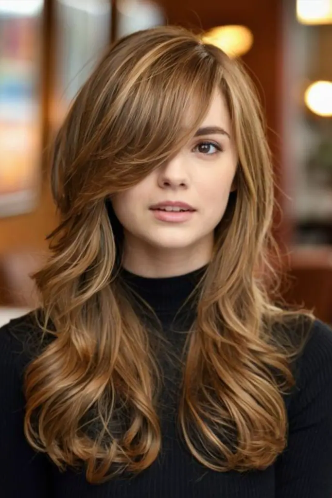 29 Long Layers with Curtain Bangs 8 6. Velvet Horizon Waves