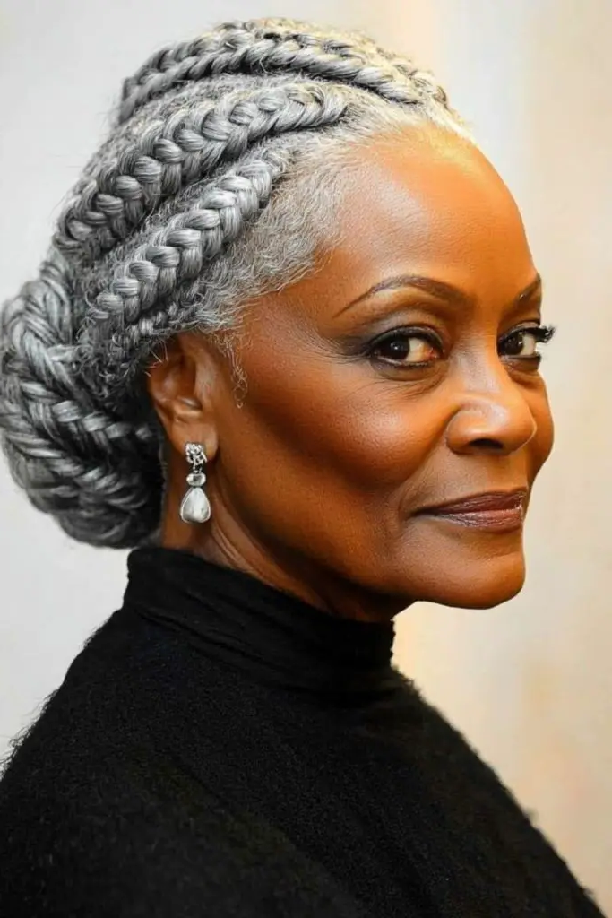 7. Gray Low Bun with Braided Accents: Vintage Meets Modern