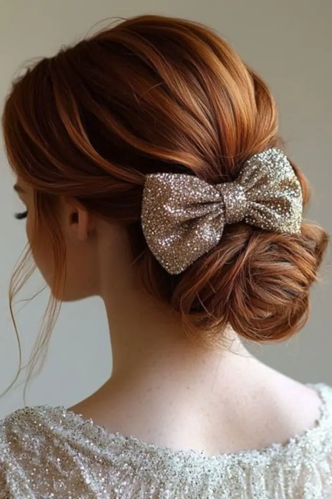 28 Cute Hairstyles with a Bow 9 7. Low Bun with Bow Accent