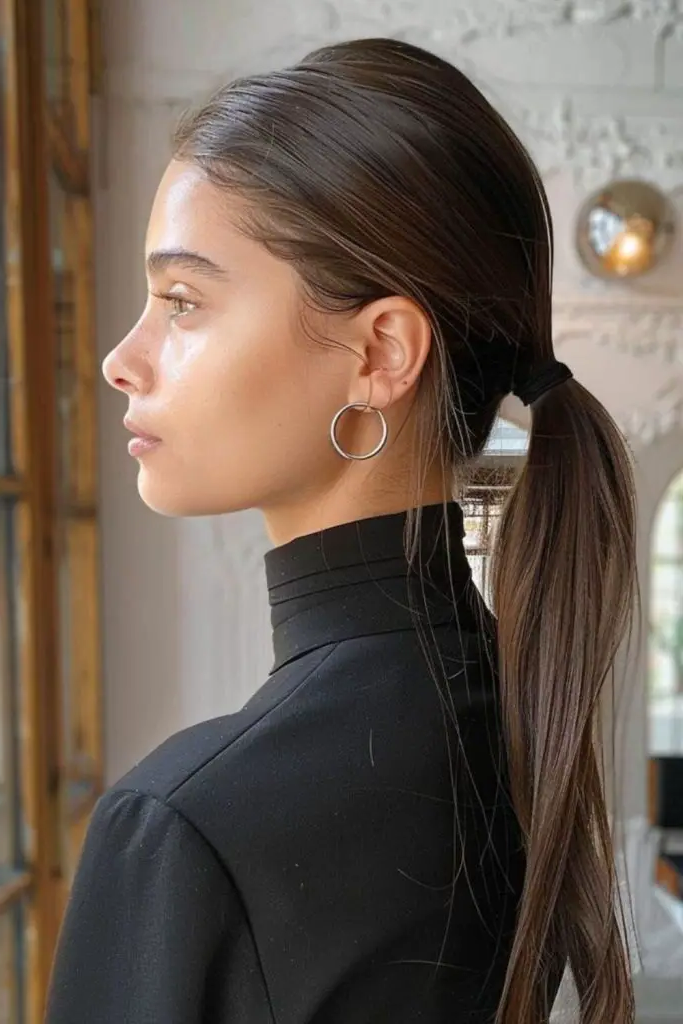 27 Stunning Turtle Neck Hairstyles 9 7. Messy Low Ponytail with Cozy Vibes