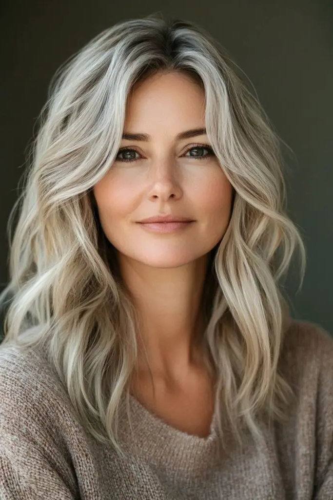 29 Wavy Layered Haircuts 9 7. Silver Moonlit Ripples