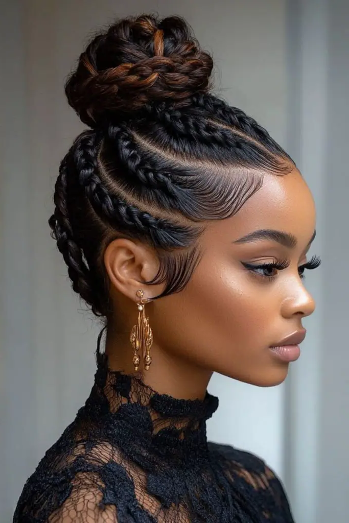 27 Best Big Cornrows Hairstyles 9 7. Sky-High Bun Cornrows