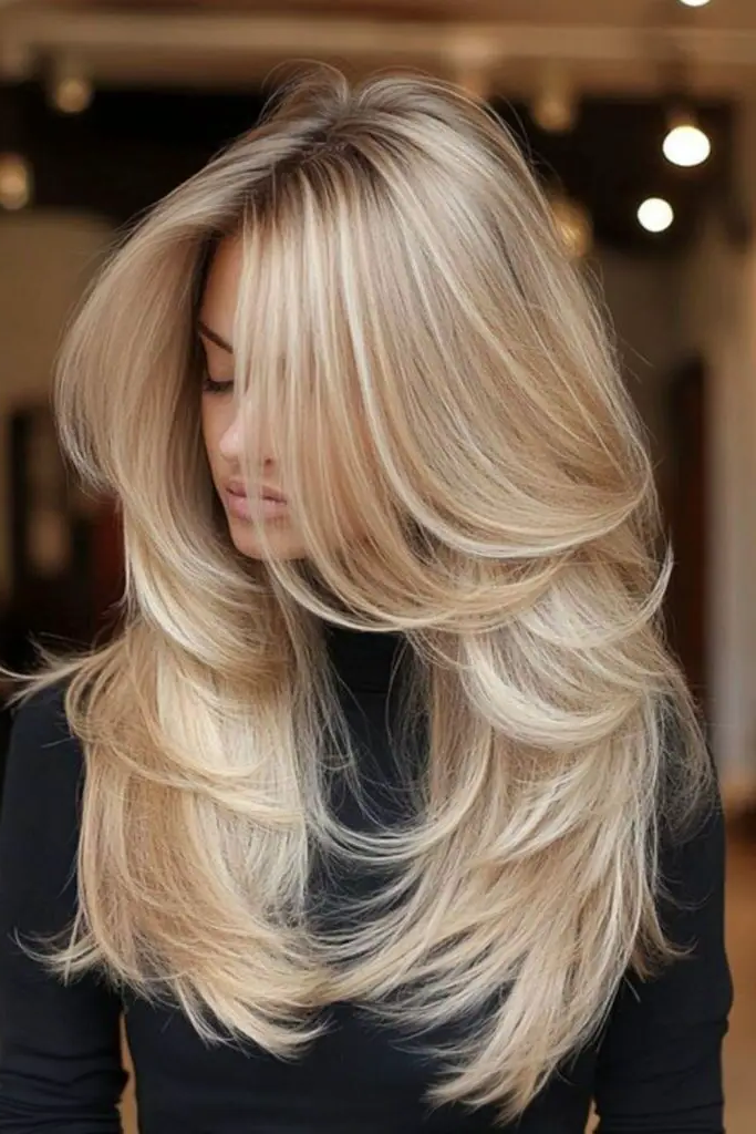 27 Long Layered Haircuts with Face Framing 10 8. Frost-Kissed Feathering