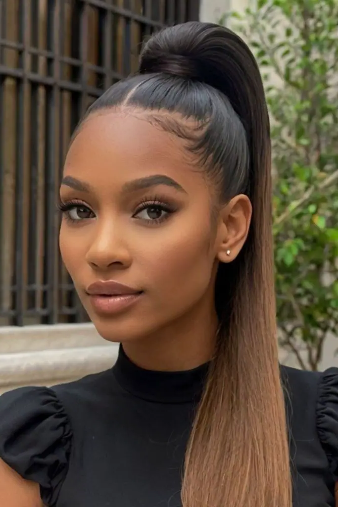 29 Best Black Baddies Hairstyles to Try 9 8. High-Sculpted Ponytail Prestige