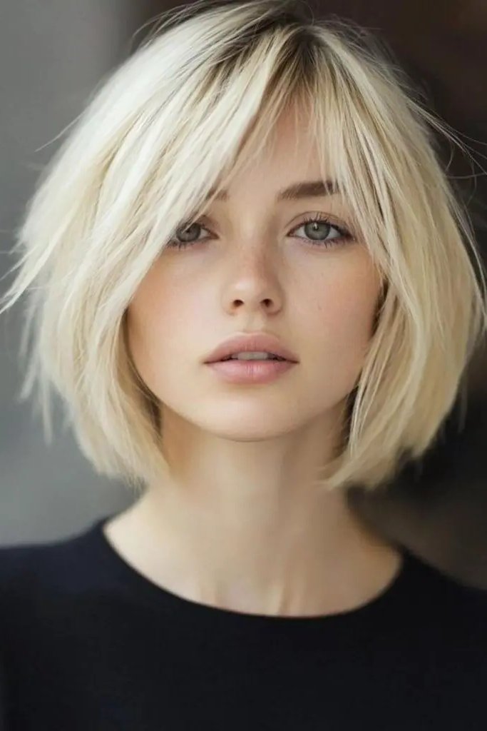 27 Blonde Bob with Fringe Hairstyles 10 8. Silk Threaded Blunt Bob