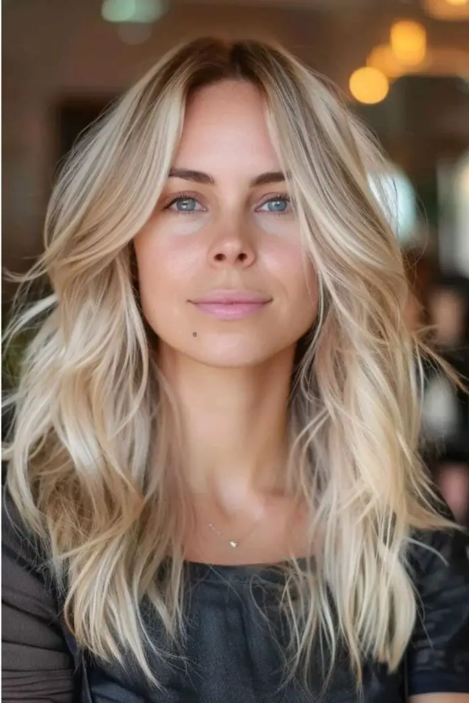 27 Super-Cute Blonde Medium Length Hair Ideas 11 9. Ash-Blonde Feathered Flow