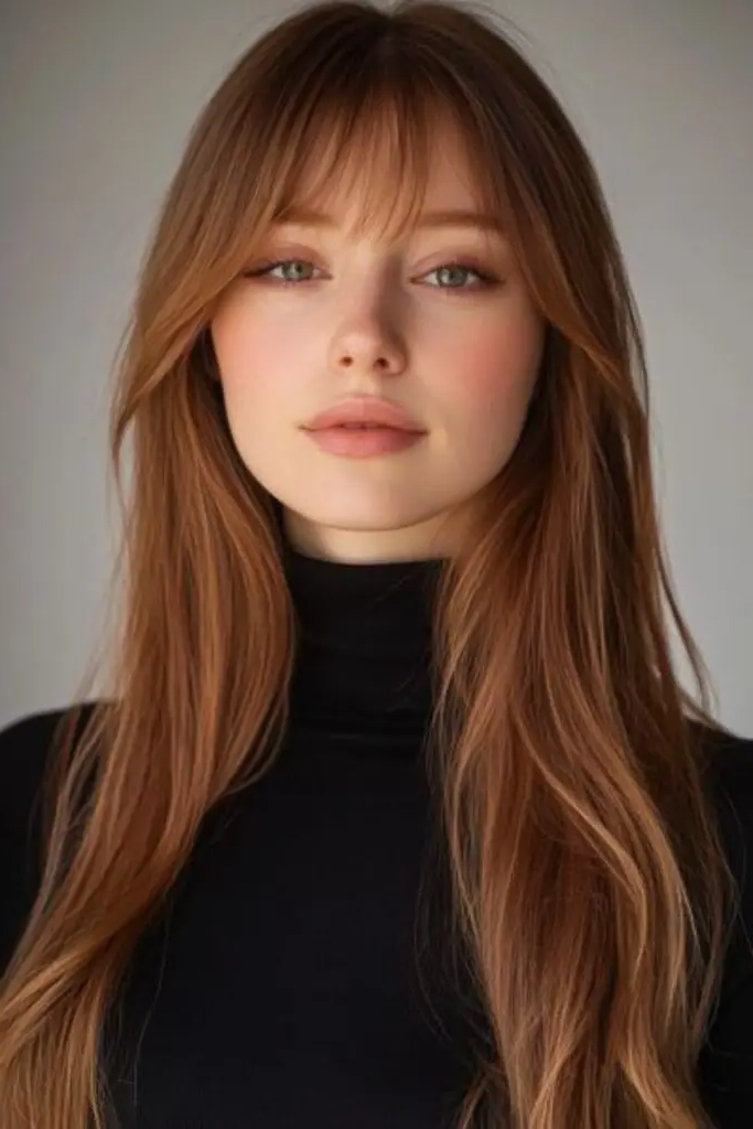 29 Long Layers with Curtain Bangs 11 9. Ember Glow Flow