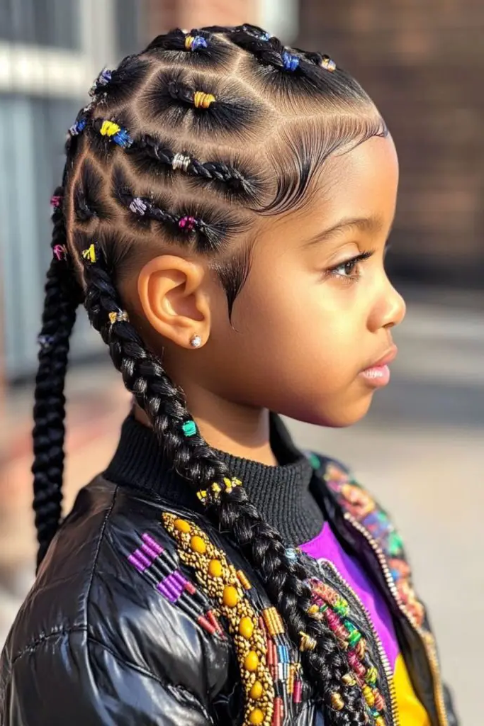 27 Cutest Toddler Beaded Hairstyles for Kids 11 9. Starburst Beaded Cornrow Design