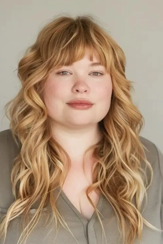 27 Gorgeous Haircuts for Round Chubby Faces 11 9. Tousled Beach Waves with Long Bangs