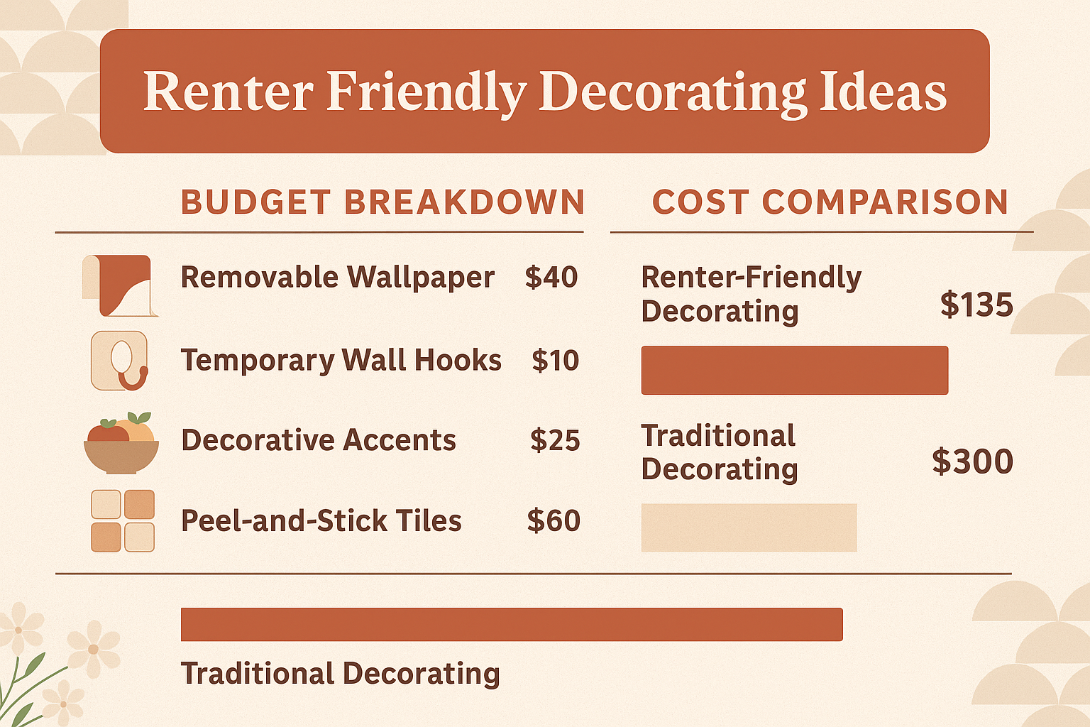 25 Renter Friendly Decorating Ideas That Won't Lose Your Deposit 3 Rental decorating budget data showing cost effective solutions for apartment makeovers