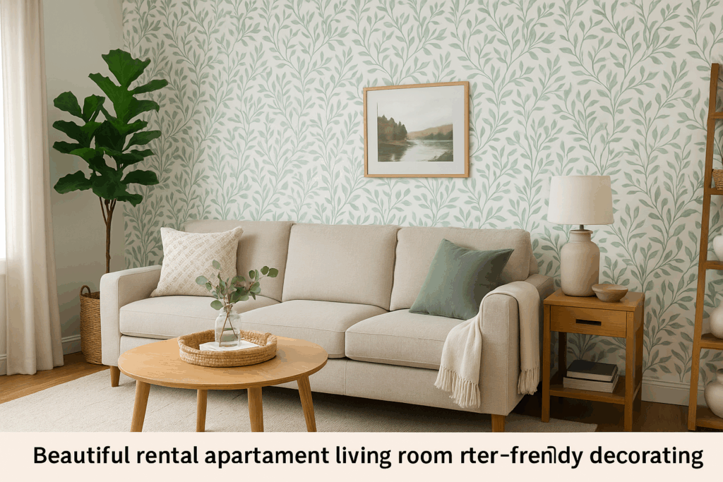 Beautiful rental apartment living room with renter friendly decorating ideas including removable wallpaper and temporary decor