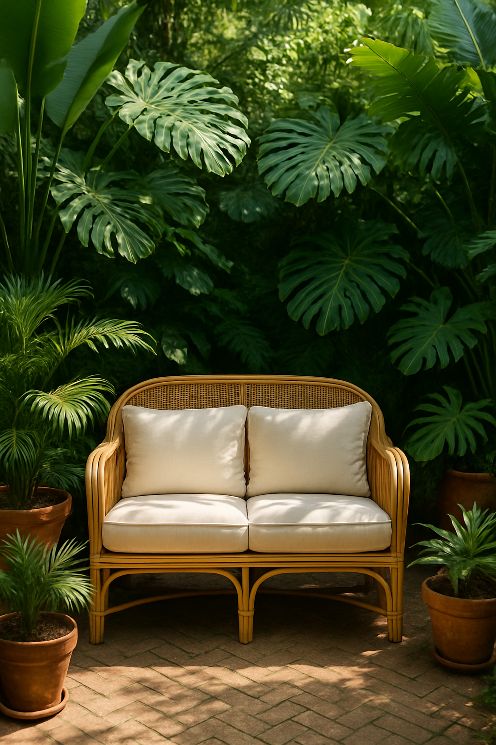 summer garden patio ideas — Professional portrait photography of a lush green patio garden sanctuary with la
