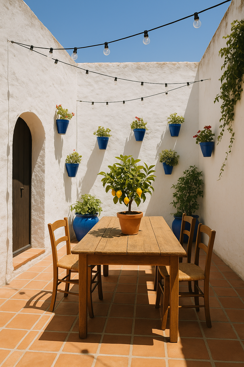 Professional portrait photography of a lush green patio garden sanctuary with layered tropical plants, terracotta pots, a rattan loveseat with cream cushions, and soft dappled sunlight filtering through large leafy plants. Natural lighting, magazine quality, no text, no watermarks. Portrait orientation.