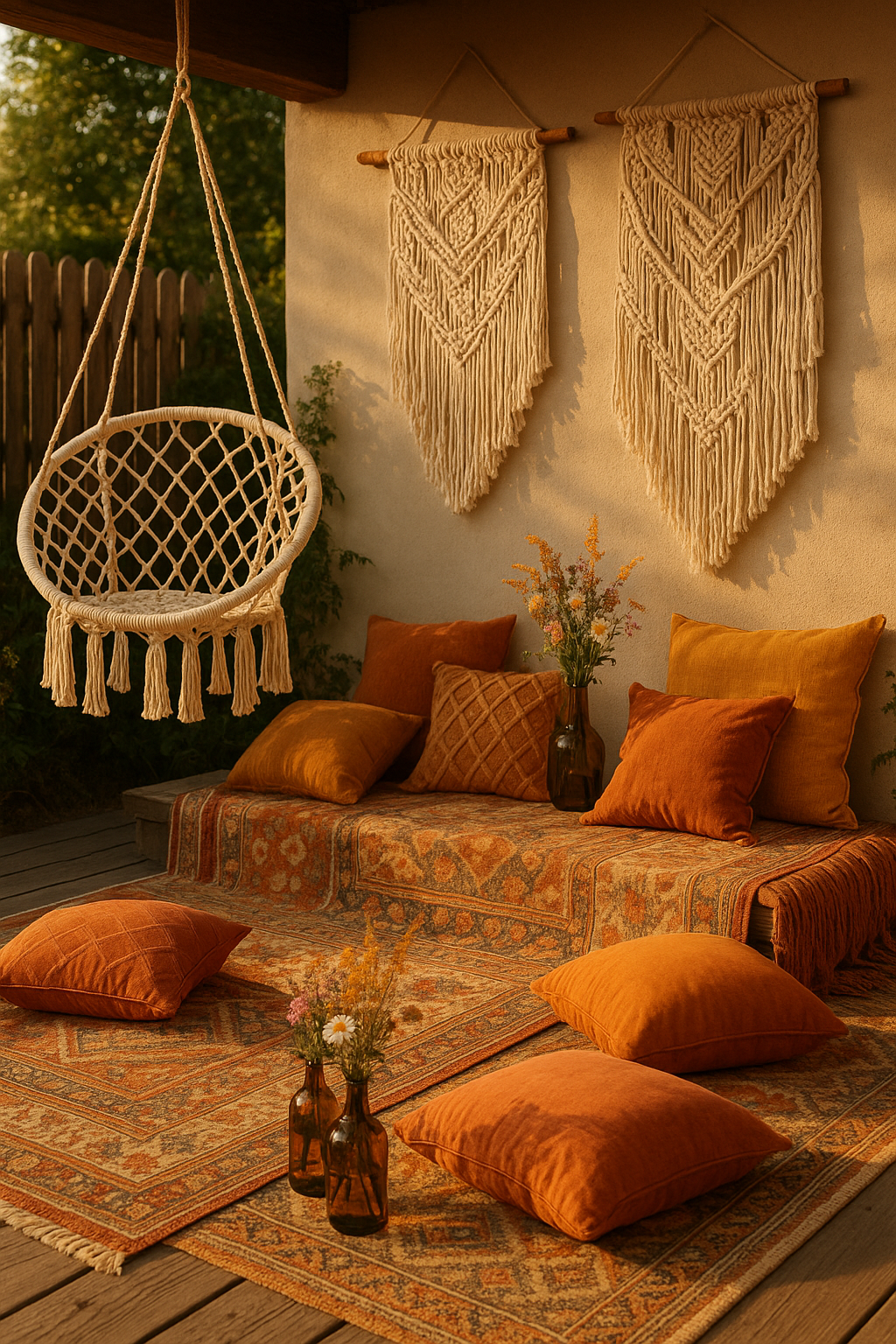 Professional portrait photography of a sun-drenched Mediterranean-style patio with whitewashed walls, cobalt blue ceramic pots, terracotta floor tiles, a wooden dining table with lemon tree centrepiece, and string lights overhead. Natural lighting, magazine quality, no text, no watermarks. Portrait orientation.