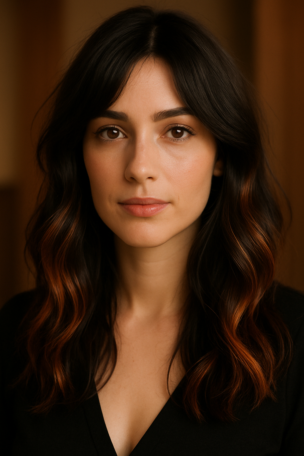 8 Stunning Balayage Hair Ideas for Brunettes in 2026 5 Professional portrait photography of a woman with medium brunette hair featuring butterscotch and toffee balayage highlights, long flowing waves, shot outdoors in golden afternoon sunlight. Natural lighting, magazine quality, no text, no watermarks. Portrait orientation.